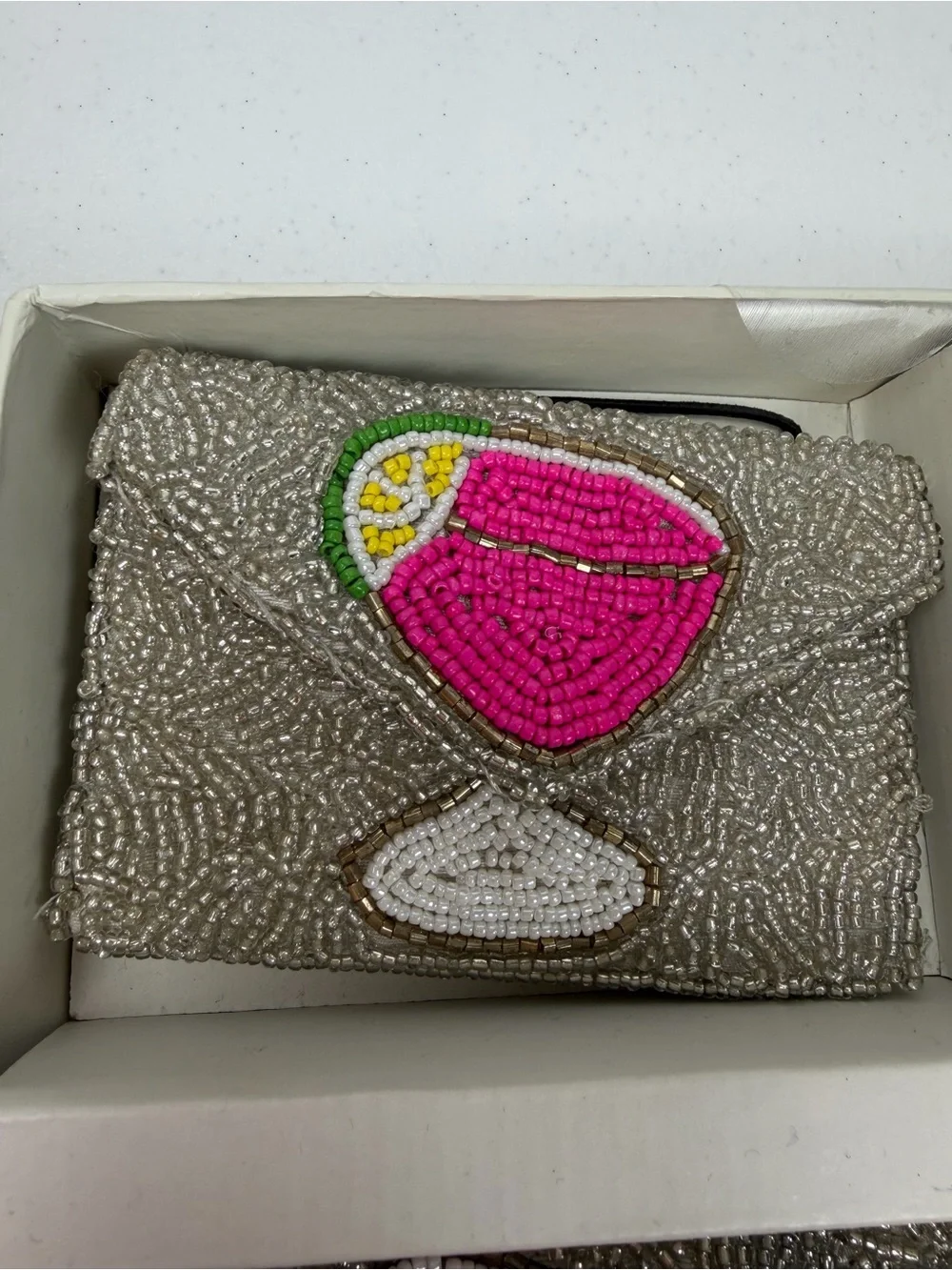 NWT‎ $98 Rachel Zoe 3 Pc Set Beaded Pink Margarita Silver Clutch Card Case Charm
